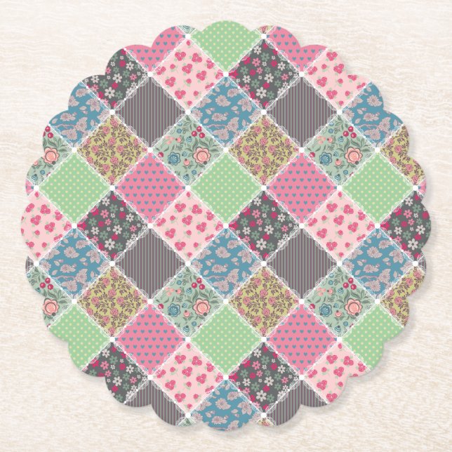 Pastel Floral Quilt Squares Paper Coaster (Front)