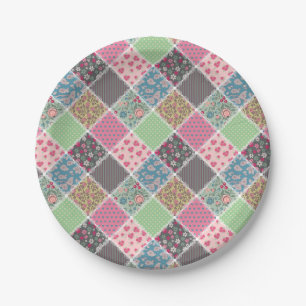 Pastel Floral Quilt Squares Paper Plate