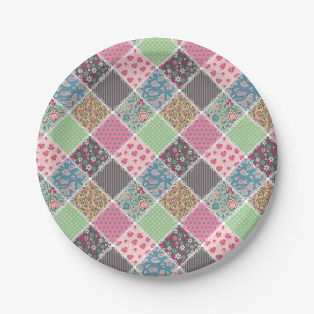 Pastel Floral Quilt Squares Paper Plate (Front)