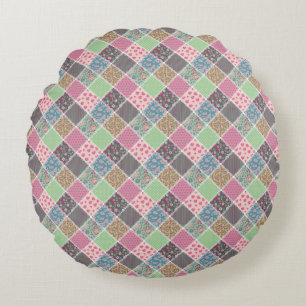 Pastel Floral Quilt Squares Round Cushion