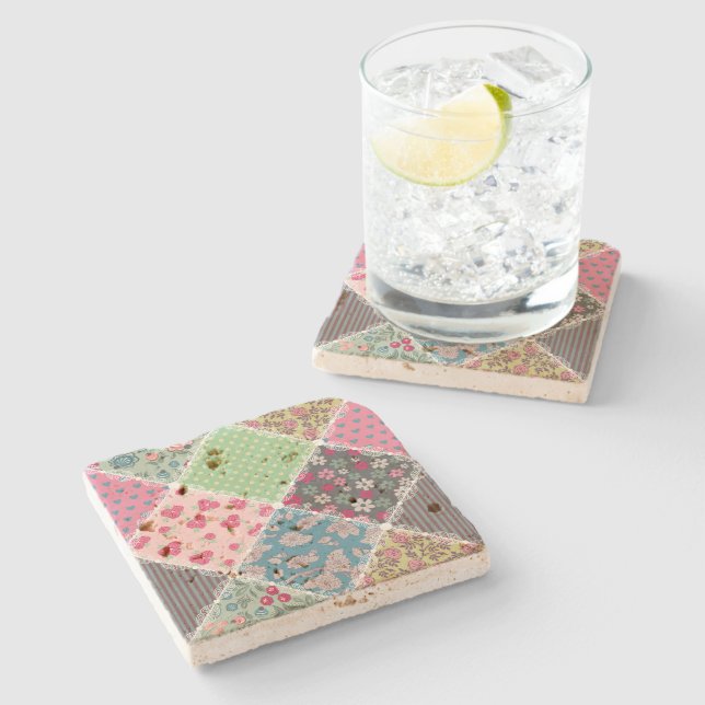 Pastel Floral Quilt Squares Stone Coaster (Side)