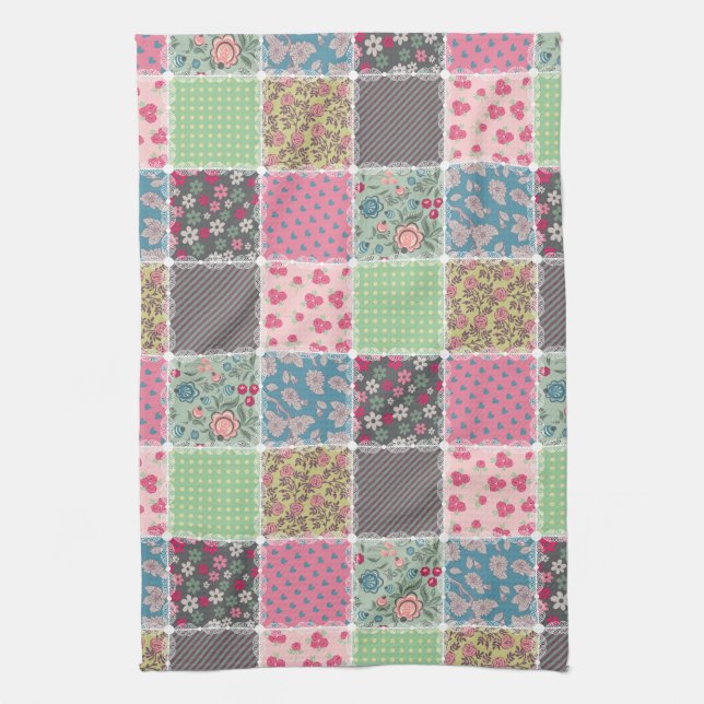 Pastel Floral Quilt Squares Tea Towel (Vertical)