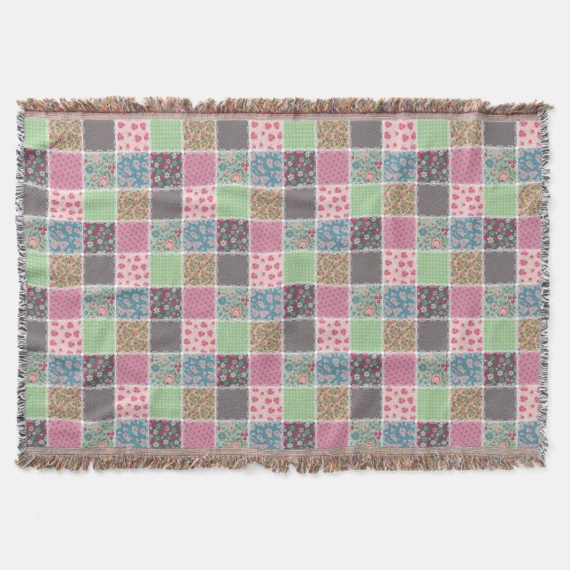 Pastel Floral Quilt Squares Throw Blanket (Front)