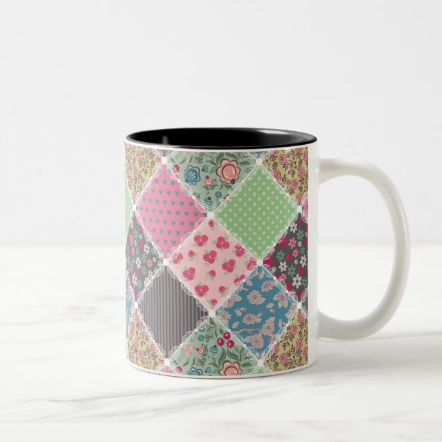 Pastel Floral Quilt Squares Two-Tone Coffee Mug (Right)