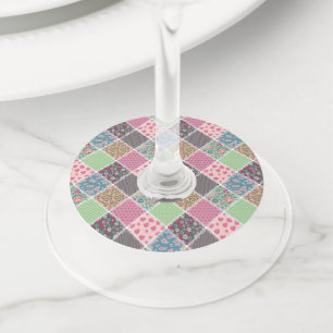 Pastel Floral Quilt Squares Wine Glass Tag