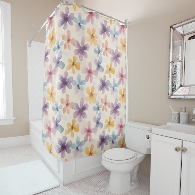 Pastel Floral Retro Hippie Flowers Shower Curtain (In Situ)