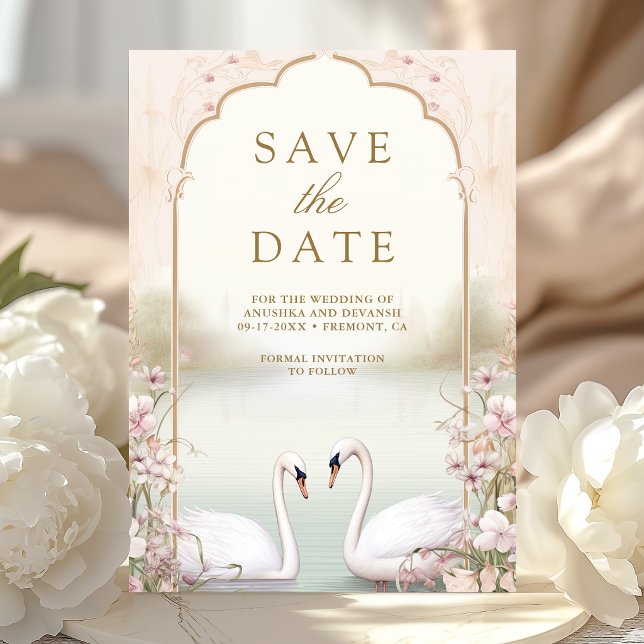 Pastel Floral Romantic Swans Indian Wedding Save The Date (Creator Uploaded)