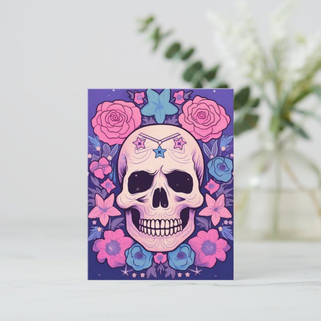 Pastel Floral Skull Art Postcard (Standing Front)