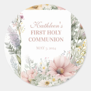 Pastel Floral Spring First Communion  Classic Round Sticker