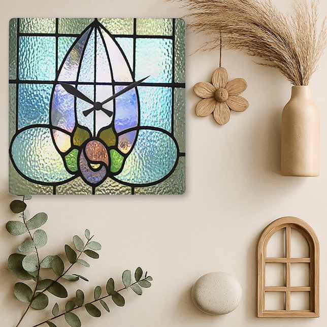 Pastel Floral Stained Glass Vintage Design Square Wall Clock (Creator Uploaded)