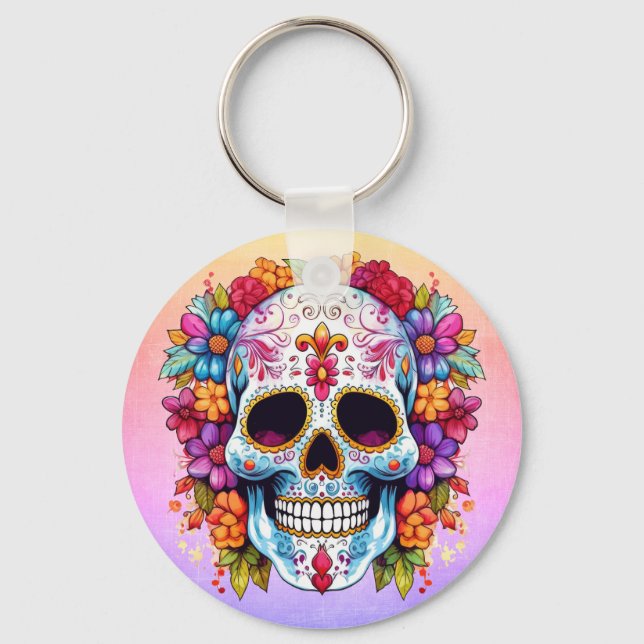 Pastel Floral Sugar Skull Key Ring (Front)