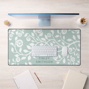 Pastel Floral Swirls Template Elegant Sage Green Desk Mat