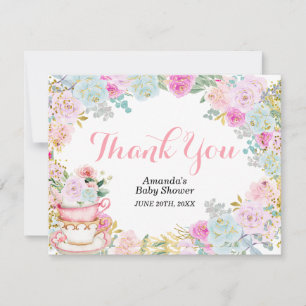 Pastel Floral Tea Party Gold Glitter Thank You Card