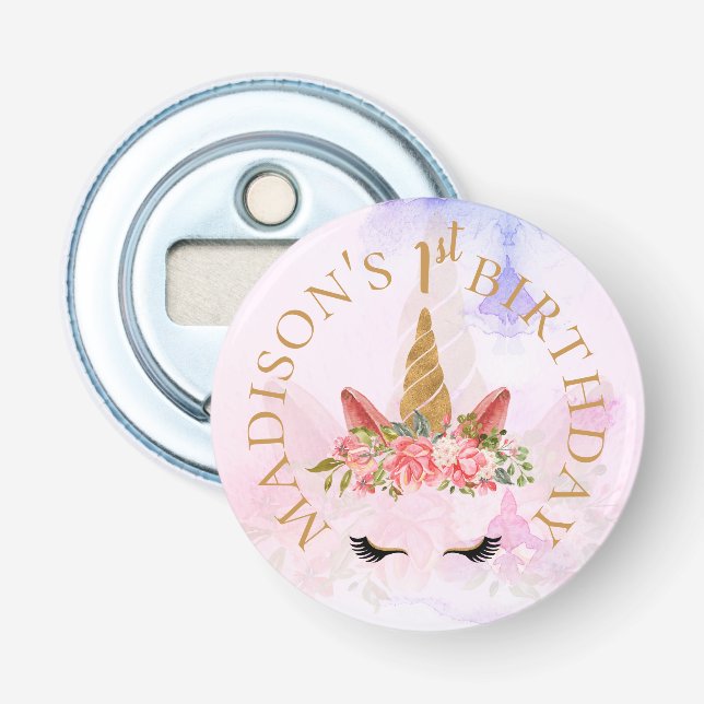 Pastel Floral Unicorn Birthday Party Bottle Opener (Front)