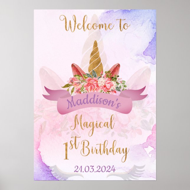 Pastel Floral Unicorn Birthday Party Welcome Poster (Front)