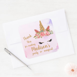 Pastel Floral Unicorn Birthday  with Name Party Square Sticker