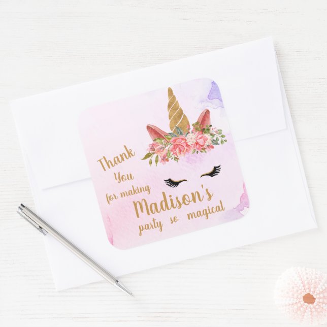 Pastel Floral Unicorn Birthday  with Name Party Square Sticker (Envelope)