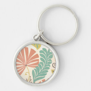 Pastel Floral Vines and Leaves on Cream Background Key Ring