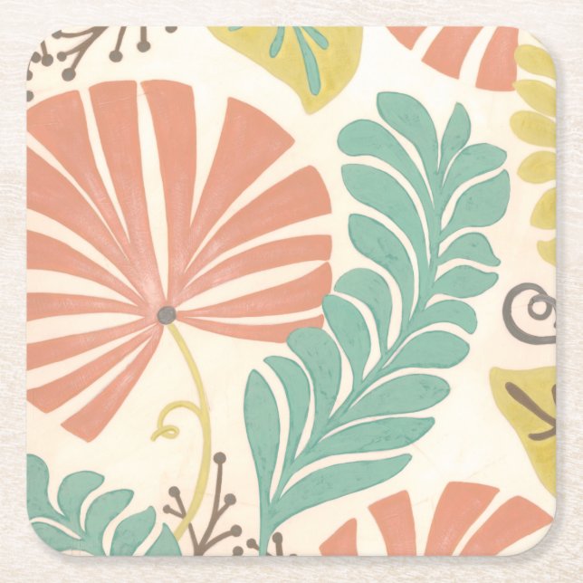 Pastel Floral Vines and Leaves on Cream Background Square Paper Coaster (Front)