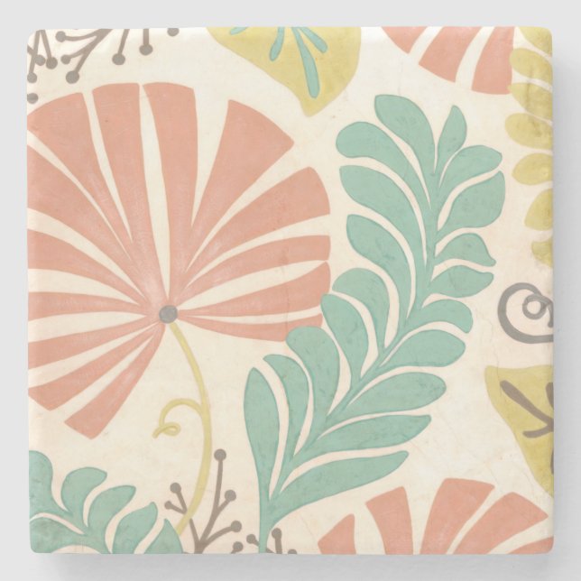 Pastel Floral Vines and Leaves on Cream Background Stone Coaster (Front)