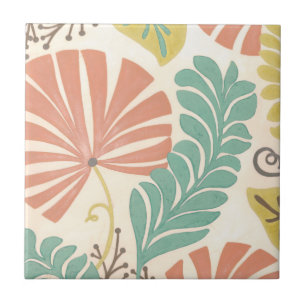 Pastel Floral Vines and Leaves on Cream Background Tile