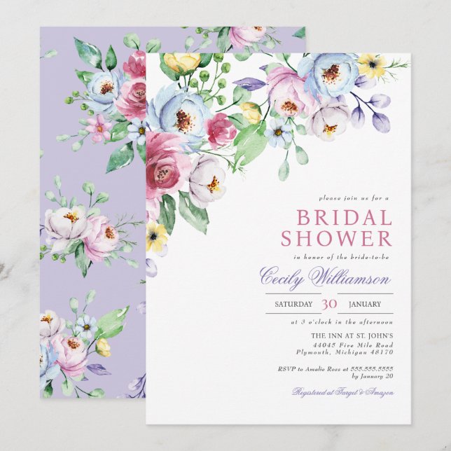 Pastel Floral Watercolor Botanical Bridal Shower Invitation (Front/Back)