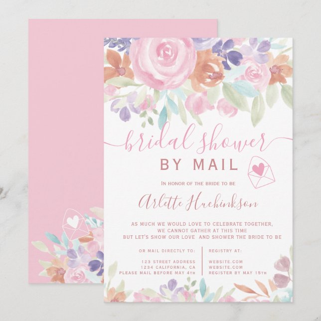 Pastel floral watercolor bridal shower by mail invitation (Front/Back)