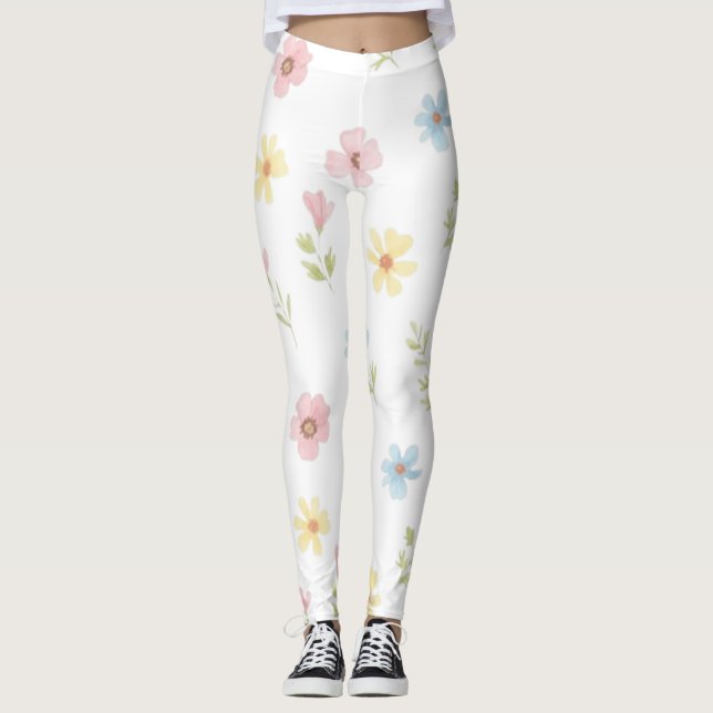 Pastel Floral Watercolor Leggings - Boho Wildflowe (Front)