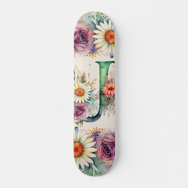 Pastel Floral Watercolor Monogram J Flowers Daisy Skateboard (Front)