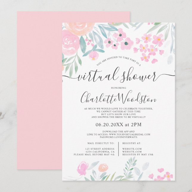 Pastel floral watercolor script virtual shower invitation (Front/Back)