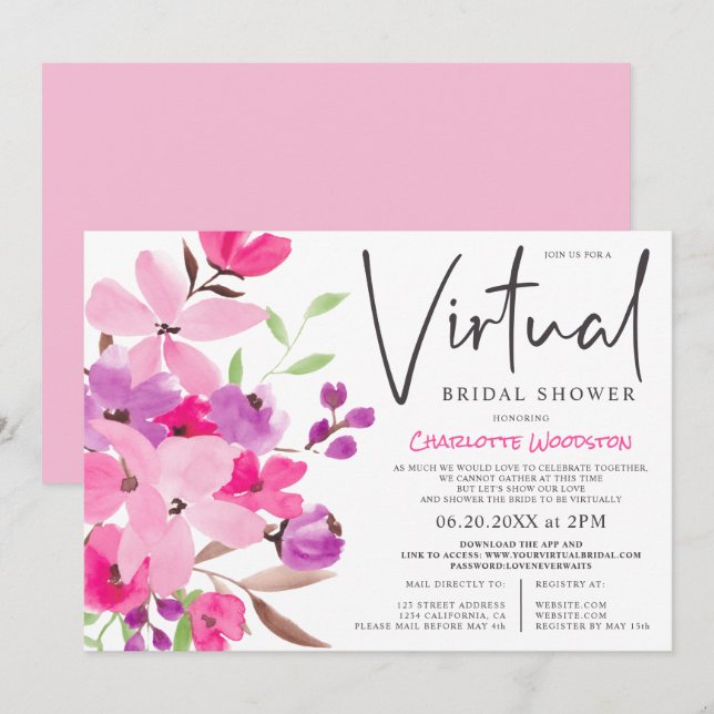 Pastel floral watercolor virtual bridal shower invitation (Front/Back)