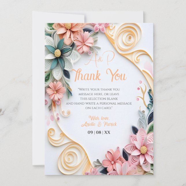 Pastel Floral Wedding Customise Paper Quill Frame  Thank You Card (Front)