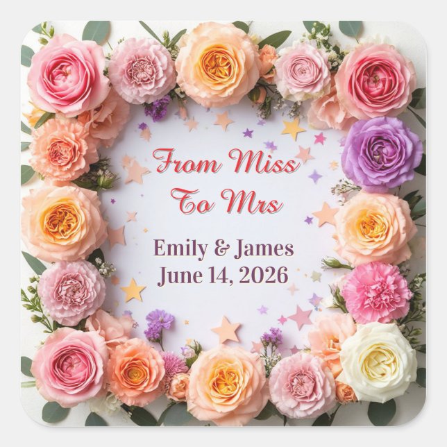 🌸 Pastel Floral Wedding Frame Design 🌸 Square Sticker (Front)