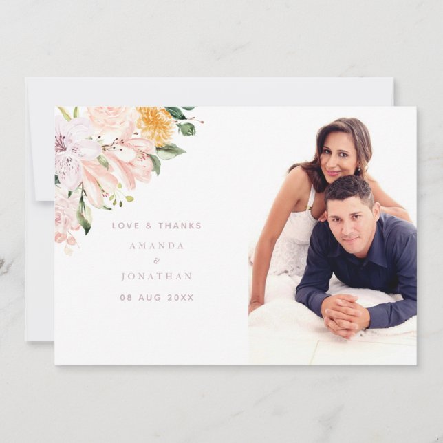 Pastel Floral Wedding Photo Thank You Card (Front)