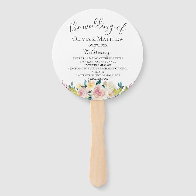 Pastel Floral Wedding Program Hand Fan (Front)
