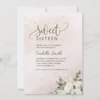 Pastel Floral White Rose Sweet 16 Birthday Invitation