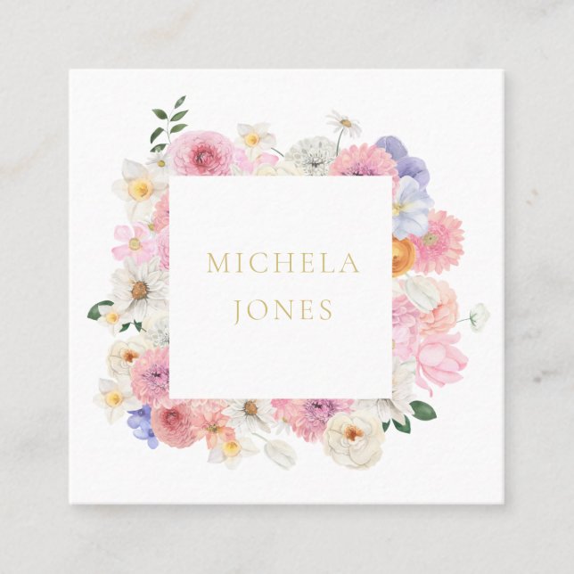 Pastel Floral Womens Elegant Designer Square Business Card (Front)