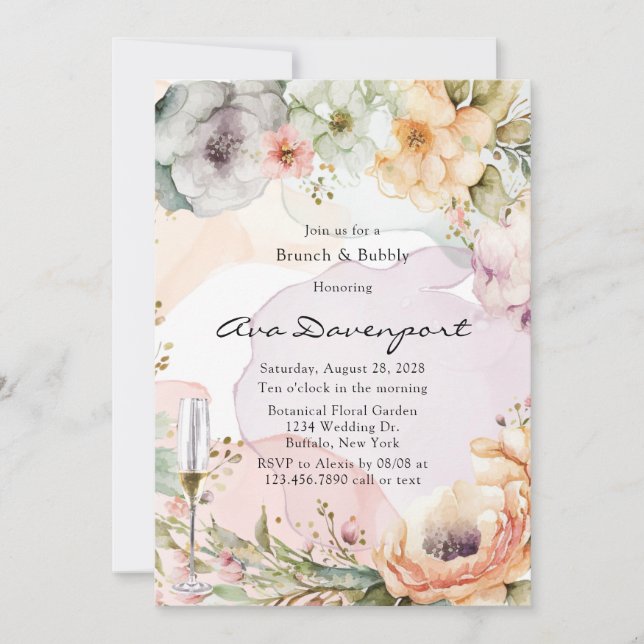 Pastel Florals Alcohol Ink Brunch and Bubbly Invitation (Front)