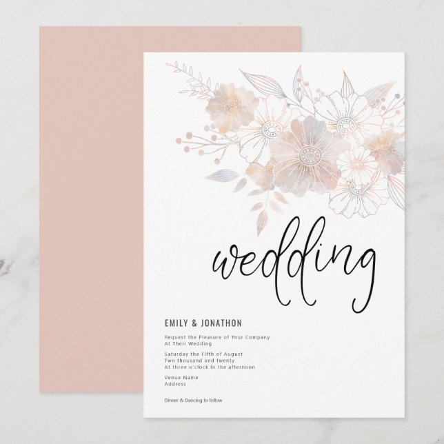 Pastel Florals Blush Peach Grey Wedding Invitation (Front/Back)