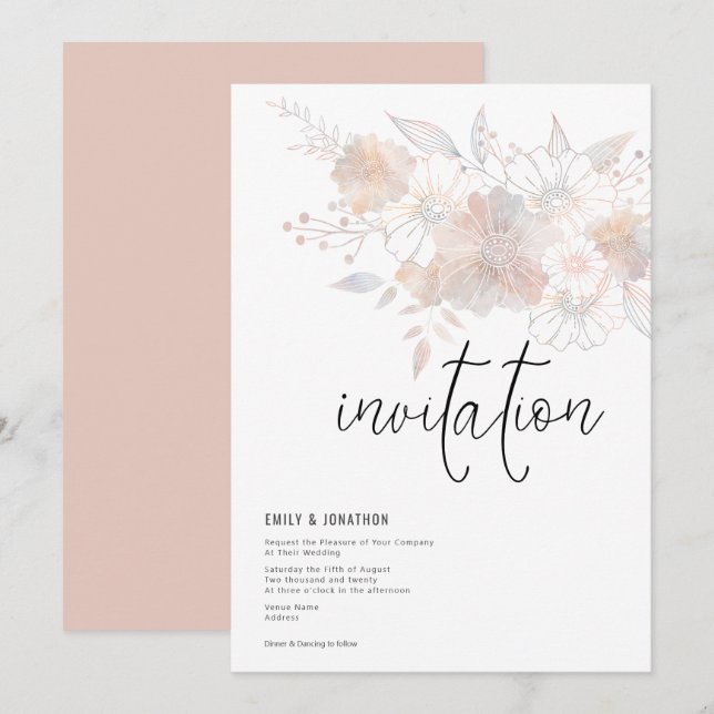 Pastel Florals Blush Peach Grey Wedding Invitation (Front/Back)