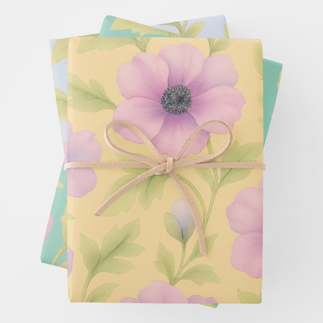Pastel Florals Botanical Wrapping Paper Set of 3 (In situ)