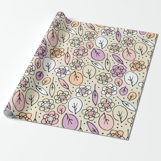 Pastel Florals & Leaves Wrapping Paper (Unrolled)