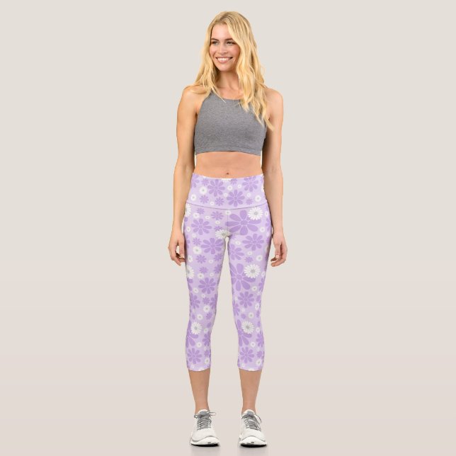 Pastel Florals Pattern LAVENDER Capri Leggings (Front)