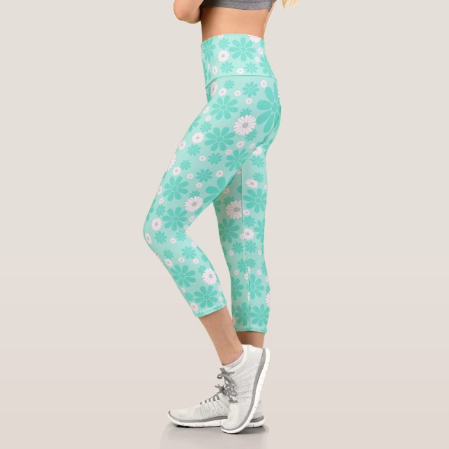 Pastel Florals Pattern MINT Capri Leggings (Left)