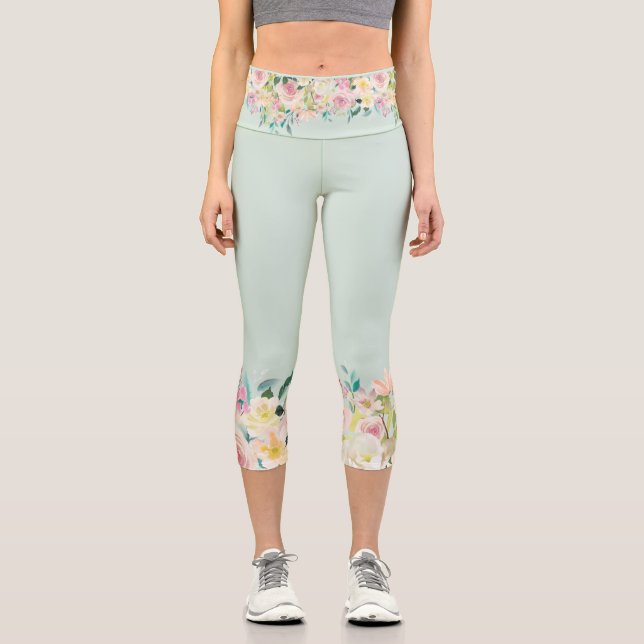 Pastel Flower Borders Capri Leggings (Front)