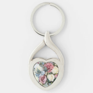 Pastel Flower Bouquet Heart Shaped Key Ring