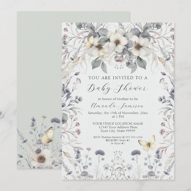 Pastel Flower Butterfly Lavender Baby Girl Invitation (Front/Back)