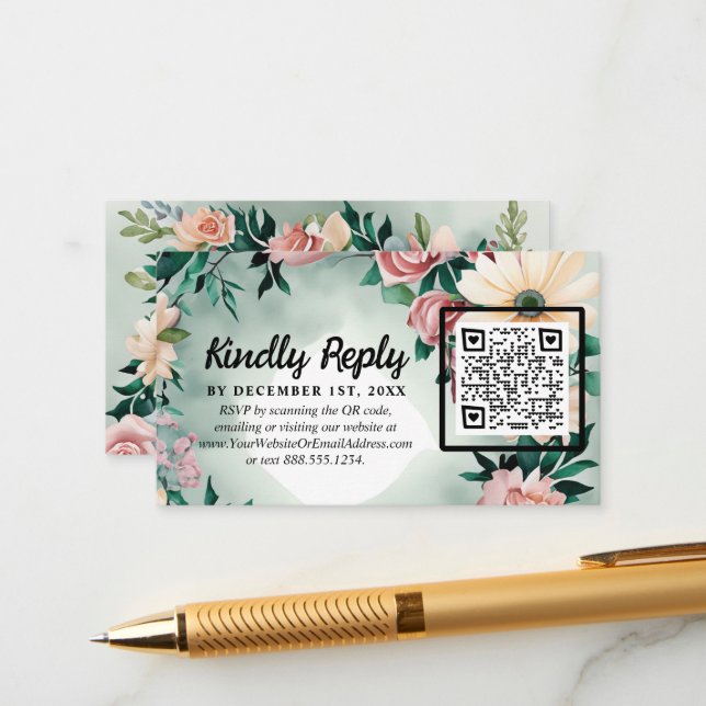 Pastel Flower Elegance: Sage Green Floral Wedding Enclosure Card (Front/Back In Situ)
