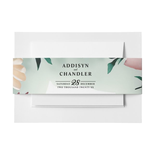 Pastel Flower Elegance: Sage Green Floral Wedding Invitation Belly Band (Front Example)