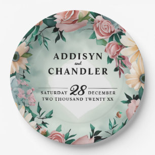 Pastel Flower Elegance: Sage Green Floral Wedding Paper Plate
